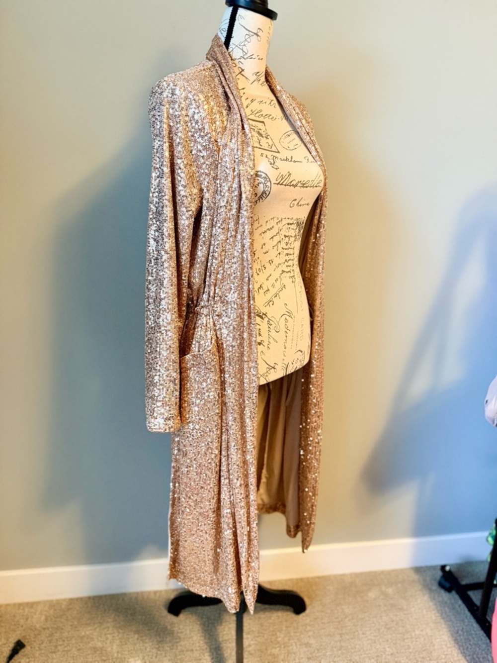 BB Dakota Steve Madden Show Stopper Rose Gold Sequin Duster Cardigan Small - Picture 2 of 10